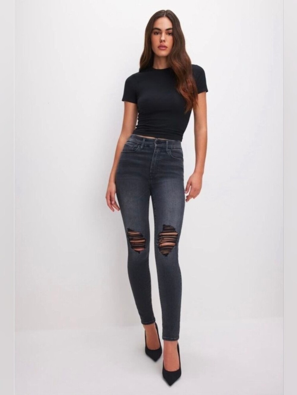 GOOD AMERICAN ALWAYS FITS GOOD LEGS SKINNY JEANS Distressed high rise black 00-4